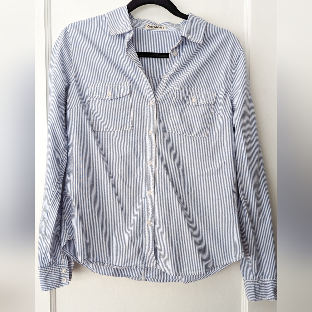 Garage Blue and White Soft Cotton Fitted Button Up Long Sleeve Collared Shirt